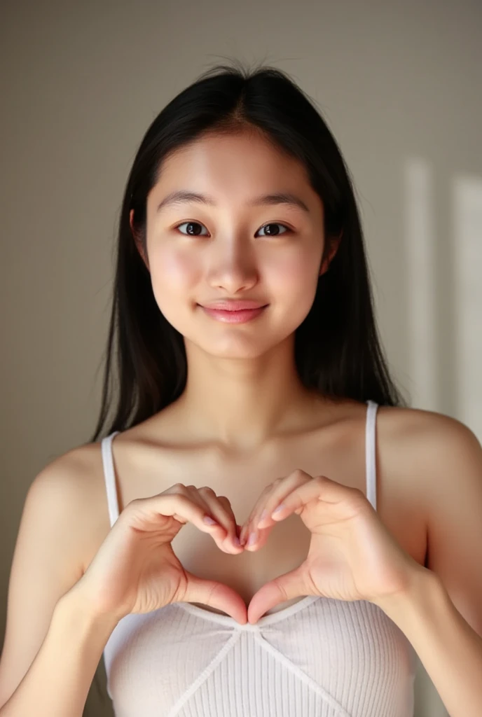 {{ 1 woman with a cute smile: teardrop bags}}、{ wearing a white ribbed camisole： can be seen through： pink bra:1.8}, , {{ make a big heart with both hands , Hold it in front of your chest , View above the collarbone}}、 {{{ has a monotone background}}  、
