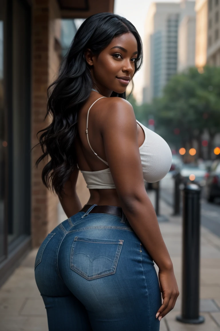 1girl, solo, Very beautiful ebony woman, brown eyes, Open-necked white shirt, which shows off her enormous breasts, Tight Blue jeans, stiletto heels, Long hair, black hair, wavy hair, (huge breasts), (thicc thighs, thicc hips), Nsfw, High Resolution, Looking at viewer, Smile, (full body picture), (Masterpiece, Accurate, Best Quality, Award Winning),Textured Skin, Super Detailed, Canon, Cinematic Lighting, Bokeh, 8K Octane, Impressionism, Cinematic, Cinematography, Hyperdetailed, Photorealistic,  