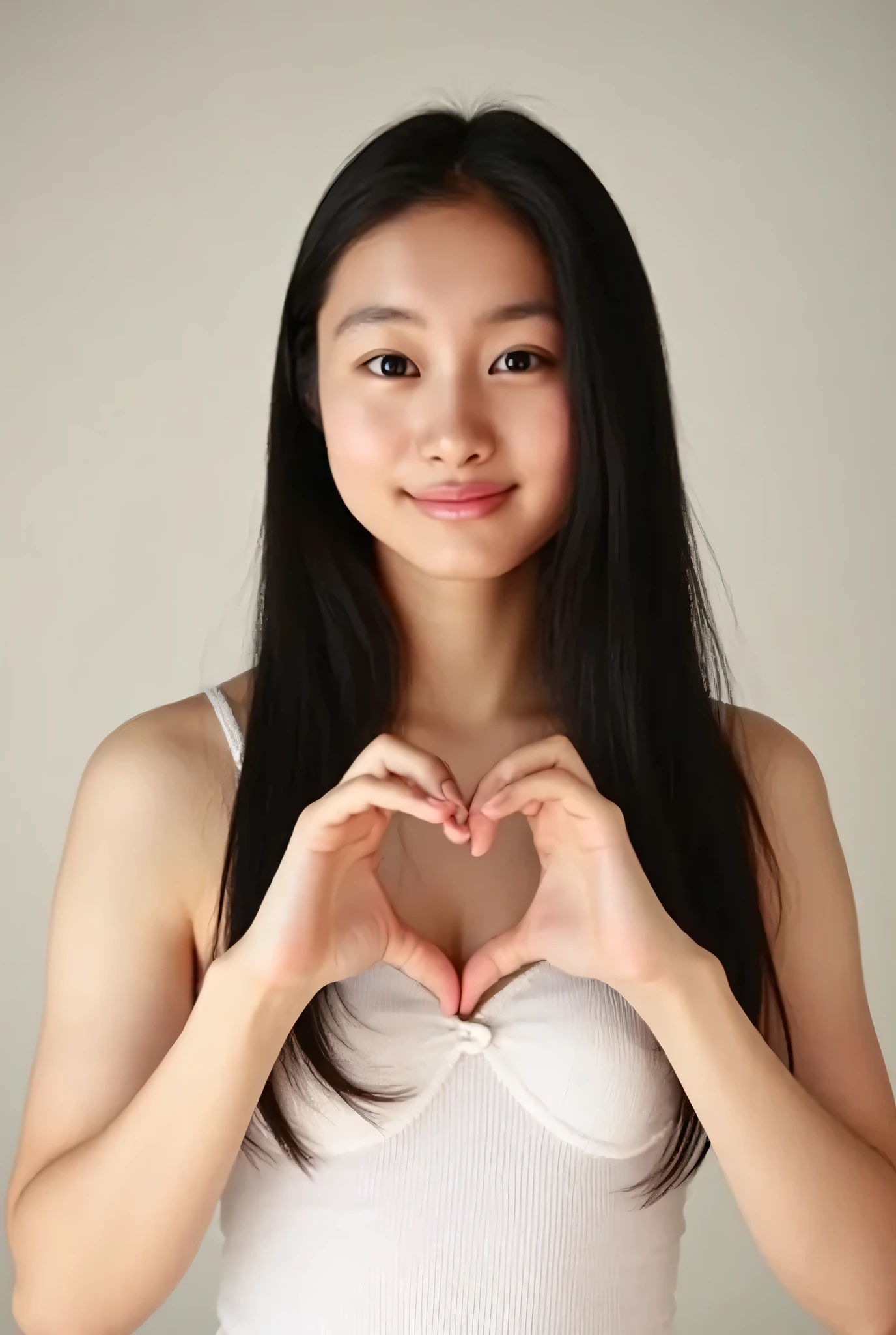 {{ 1 woman with a cute smile: teardrop bags}}、{ wearing a white ribbed camisole： can be seen through： pink bra:1.8}, , {{ make a big heart with both hands , Hold it in front of your chest , View above the collarbone}}、 {{{ has a monotone background}}  、
