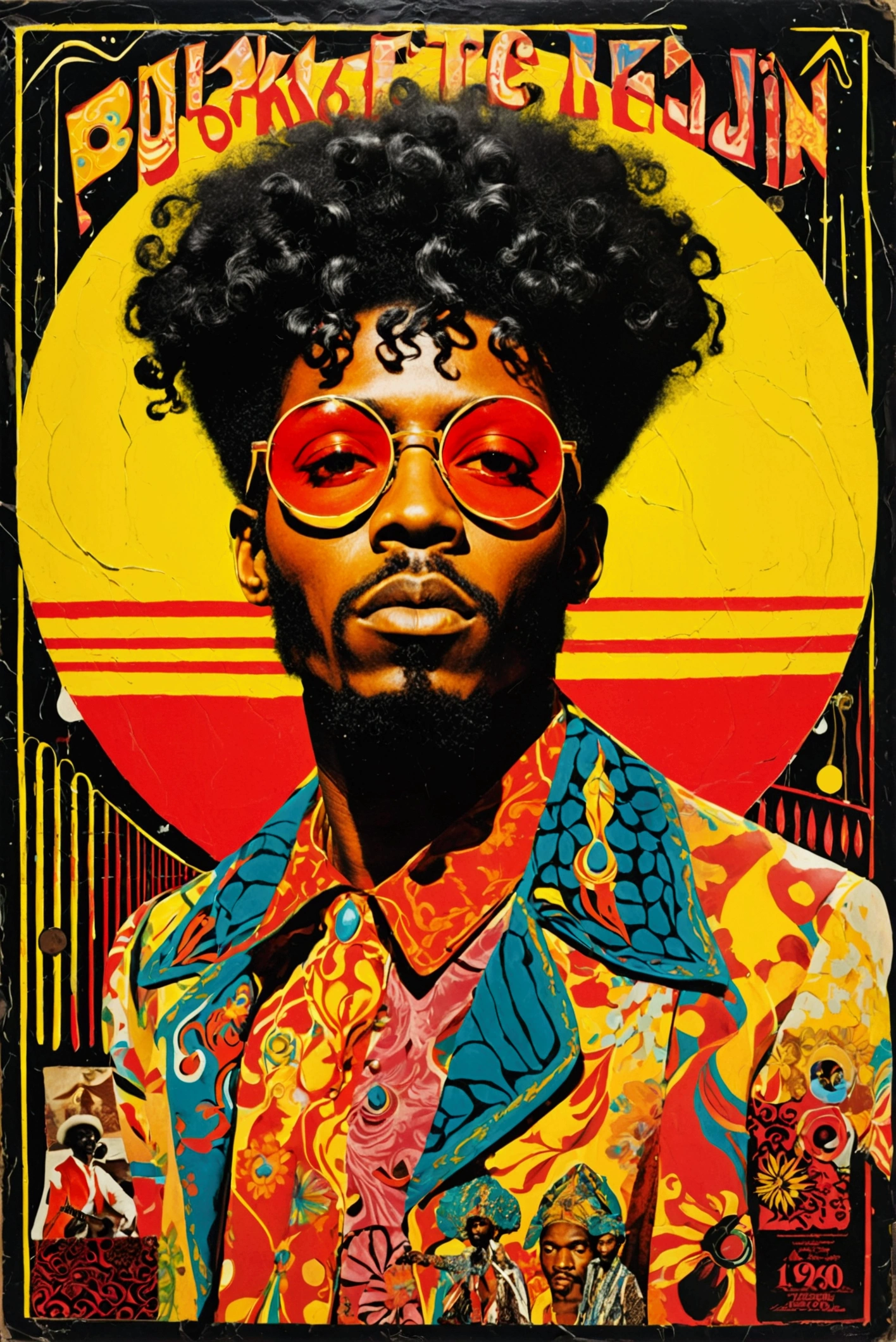 Please collage lots of black and white photos of a man doing Blakin's tricks on a simple red and yellow background,Detailed photo of the album cover  , 70s posters ,  1900s poster , Afropsychedelia,  Funkadelic, 1 9 7 0 Crop Collage,  Cut out collage  , 