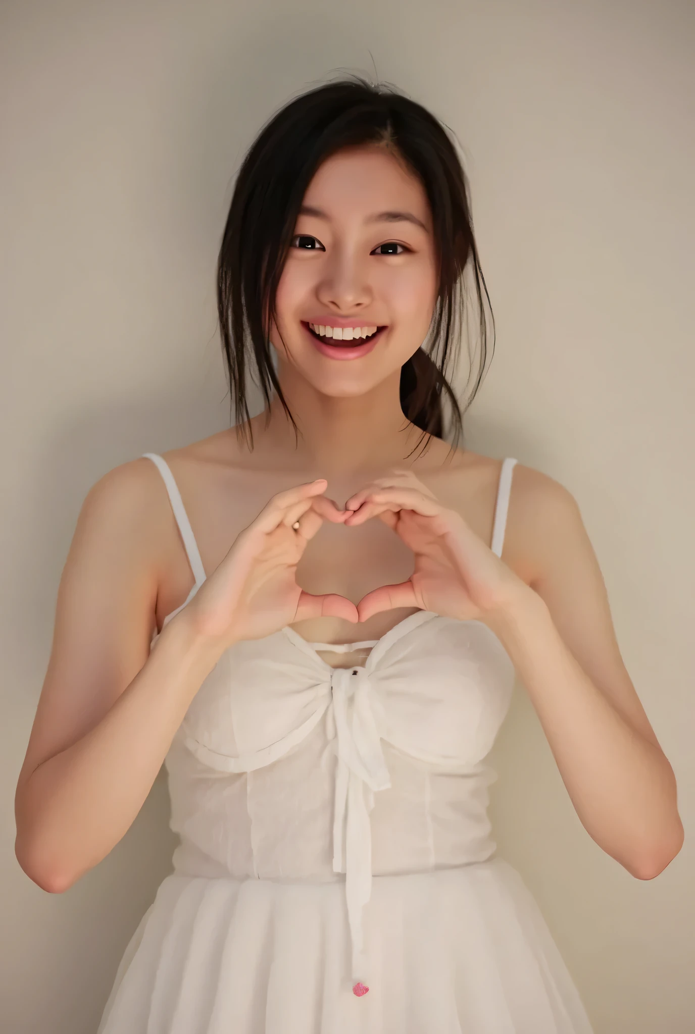 {{ 1 woman with a cute smile: teardrop bags}}、{ wearing a white ribbed camisole： can be seen through： pink bra:1.8}, , {{ make a big heart with both hands , Hold it in front of your chest , View above the collarbone}}、 {{{ has a monotone background}}  、
