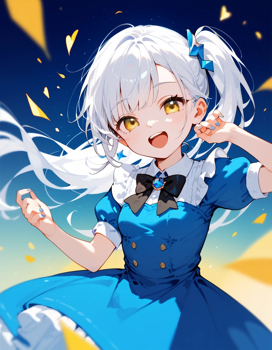  ,Long white hair, small breasts , in a yellow eye ,cute,cute, white long-sleeved shirt,Side ponytail ,Black bow tie ,Long Black Skirt ,Blue Princess Dress,Foot Singing