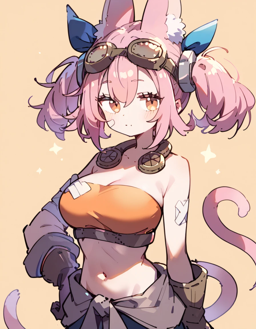 Top Quality Masterpiece High Resolution Tribe Brigate Kit, Pink Hair, Orange Eyes, Orange Tops, Cropped Tops, Work Clothes, Large Breasts, Twin Tail Bags, Wrench Work Clothes, Bontans, Goggles