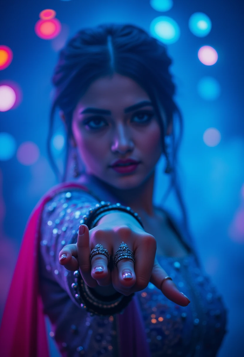  mysterious and captivating woman in an artistic and dramatic setting. She is framed in a dynamic composition with her outstretched hand in sharp focus, creating a sense of motion and engagement with the viewer. Her face is slightly blurred but still discernible, adding to the ethereal and enigmatic quality of the shot.

She wears traditional, ornate attire featuring intricate patterns and sparkling embellishments, likely a heavily sequined or embroidered outfit. Her bracelets and bangles, which adorn her wrist, are detailed and add an element of cultural richness to the image. A ring on her outstretched hand adds to the intricate accessorizing.

The lighting is vivid and atmospheric, dominated by cool blue tones interspersed with hints of pink and purple, creating a surreal and dreamlike ambiance. The bokeh effect in the background enhances the magical, otherworldly mood, with soft, glowing orbs of light adding depth and dimension. A soft haze or mist envelops the scene, diffusing the lighting and emphasizing the glowing highlights on her skin and attire.

The overall mood is powerful and enchanting, blending mystery, elegance, and cultural beauty in a vibrant, cinematic style. The focus on her extended hand and the dynamic lighting give the image a sense of movement and intentionality, as though she is reaching out or casting a spell.