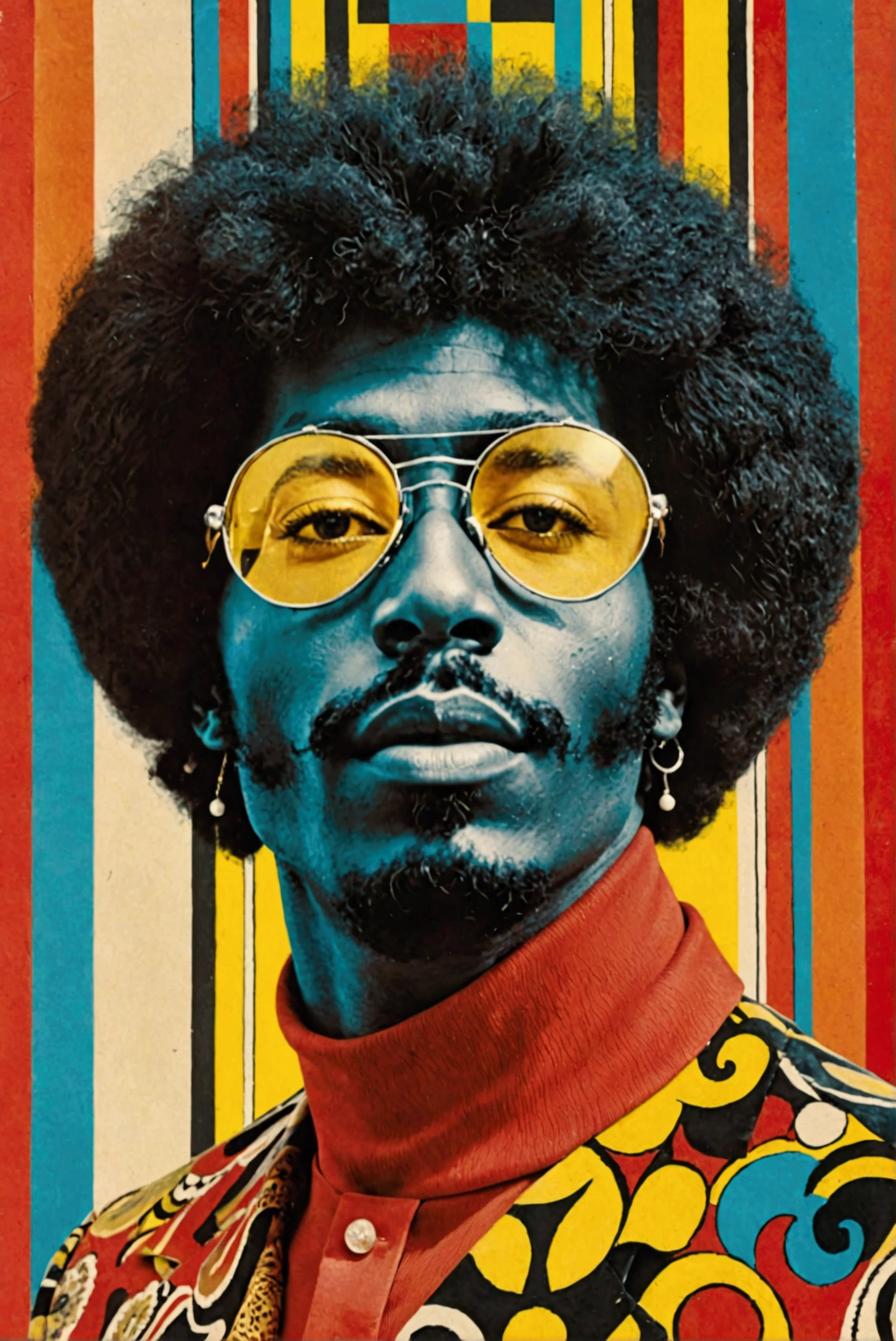 Please collage lots of black and white photos of a man doing Blakin's tricks on a simple red and yellow background,Detailed photo of the album cover  , 70s posters ,  1900s poster , Afropsychedelia,  Funkadelic, 1 9 7 0 Crop Collage,  Cut out collage  , 