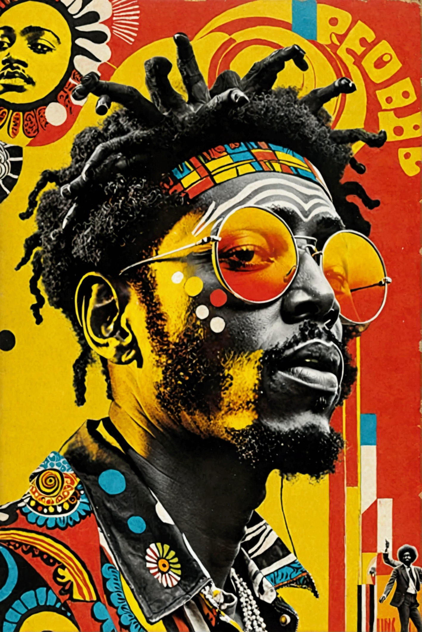 Please collage lots of black and white photos of a man doing Blakin's tricks on a simple red and yellow background,Detailed photo of the album cover  , 70s posters ,  1900s poster , Afropsychedelia,  Funkadelic, 1 9 7 0 Crop Collage,  Cut out collage  , 