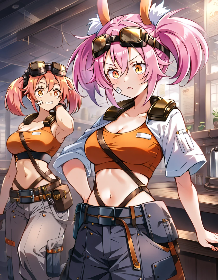 Top Quality Masterpiece High Resolution Tribe Brigate Kit, Pink Hair, Orange Eyes, Orange Tops, Cropped Tops, Work Clothes, Large Cleavage, Twin Tail Bags, Wrench Work Clothes, Bontans, Goggles