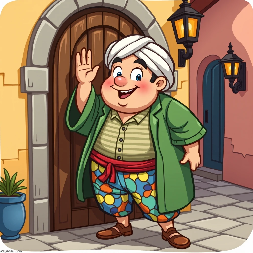 Introduce a cartoon character who looks like a friendly, chubby merchant in a green robe, white turban and colourful trousers, knocking on the door with his left hand
