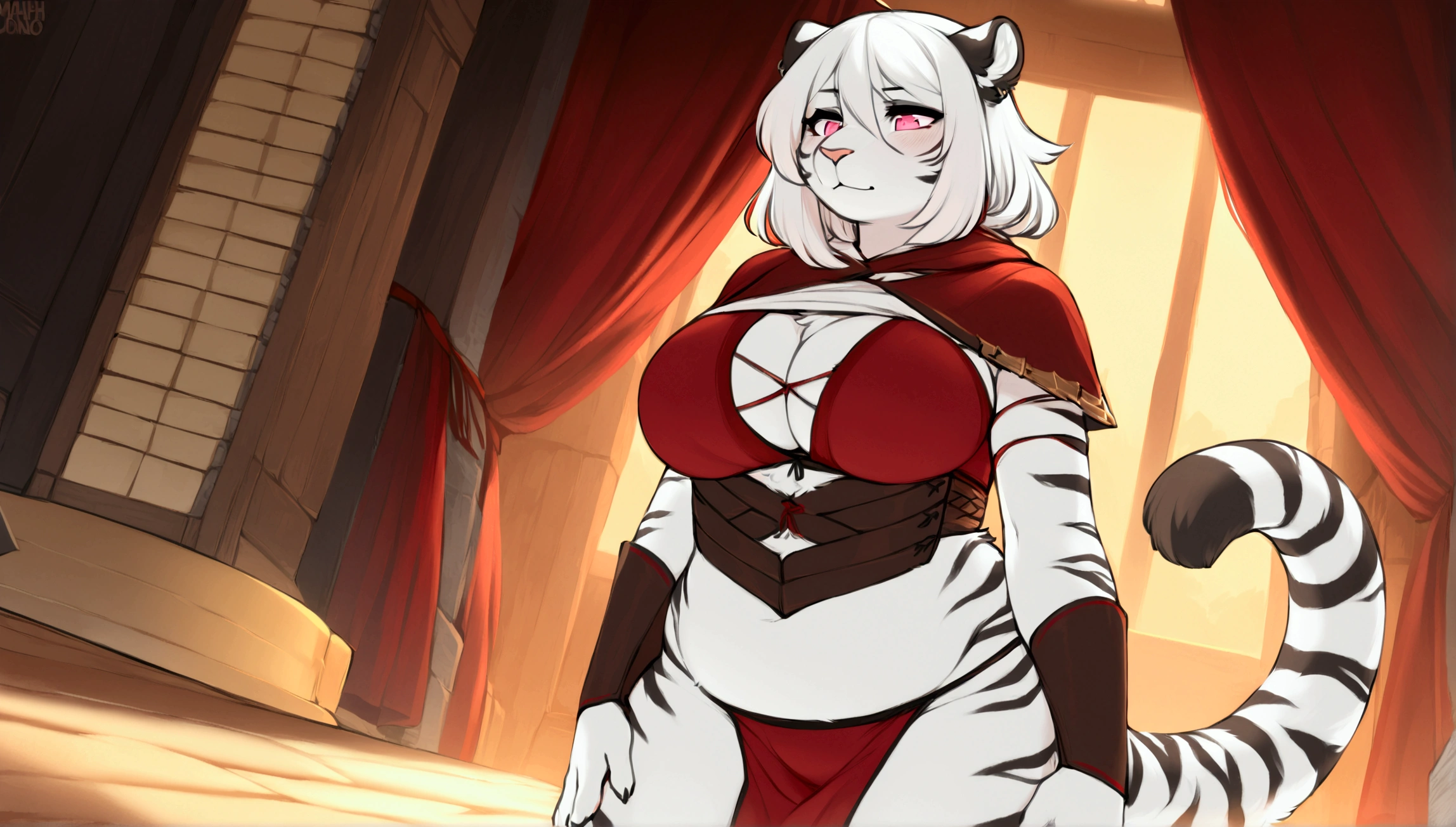 (top quality, best quality, Iriedono, High-quality illustrations, masterpiece, perfect artwork, cinematic light and shading, 16k, 1080p, uploaded on e621)(kemono, furry, anthro, alone), 1 larger female, (very detailed body, face, tail, arms, hands, legs, head and eyes), Assasin’s Creed, white tiger, Hannah, (Mahjong Soul), slightly chubby body, big breasts, fur, fluffy, tiger ears, tiger fluffy tail, tiger cute hair, perfect eyes, pink eyes, black pupils, beautiful Assasin outfit, beautiful Assasin armor, night, body movement, body twitching, jiggle physics,