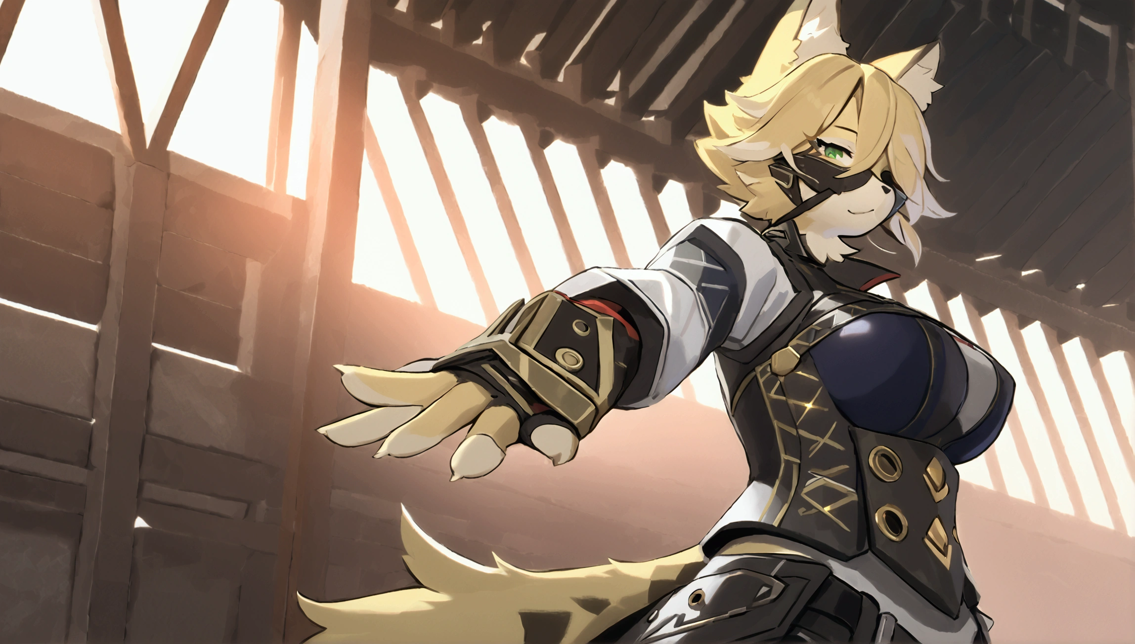 (top quality, best quality, High-quality illustrations, masterpiece, perfect artwork, cinematic light and shading, 16k, 1080p, uploaded on e621)(kemono, furry, anthro, alone), 1 larger female, (very detailed body, face, tail, arms, hands, legs, head and eyes), Assasin’s Creed, cat, Pulchra, (Zenless Zone Zero), big breasts, yellow fur, fluffy, striped fur, striped body, cat ears, cat fluffy tail, cat cute hair, perfect eyes, green eyes, black pupils, wearing a mask, beautiful Assasin outfit, beautiful Assasin armor, body movement, body twitching, jiggle physics,