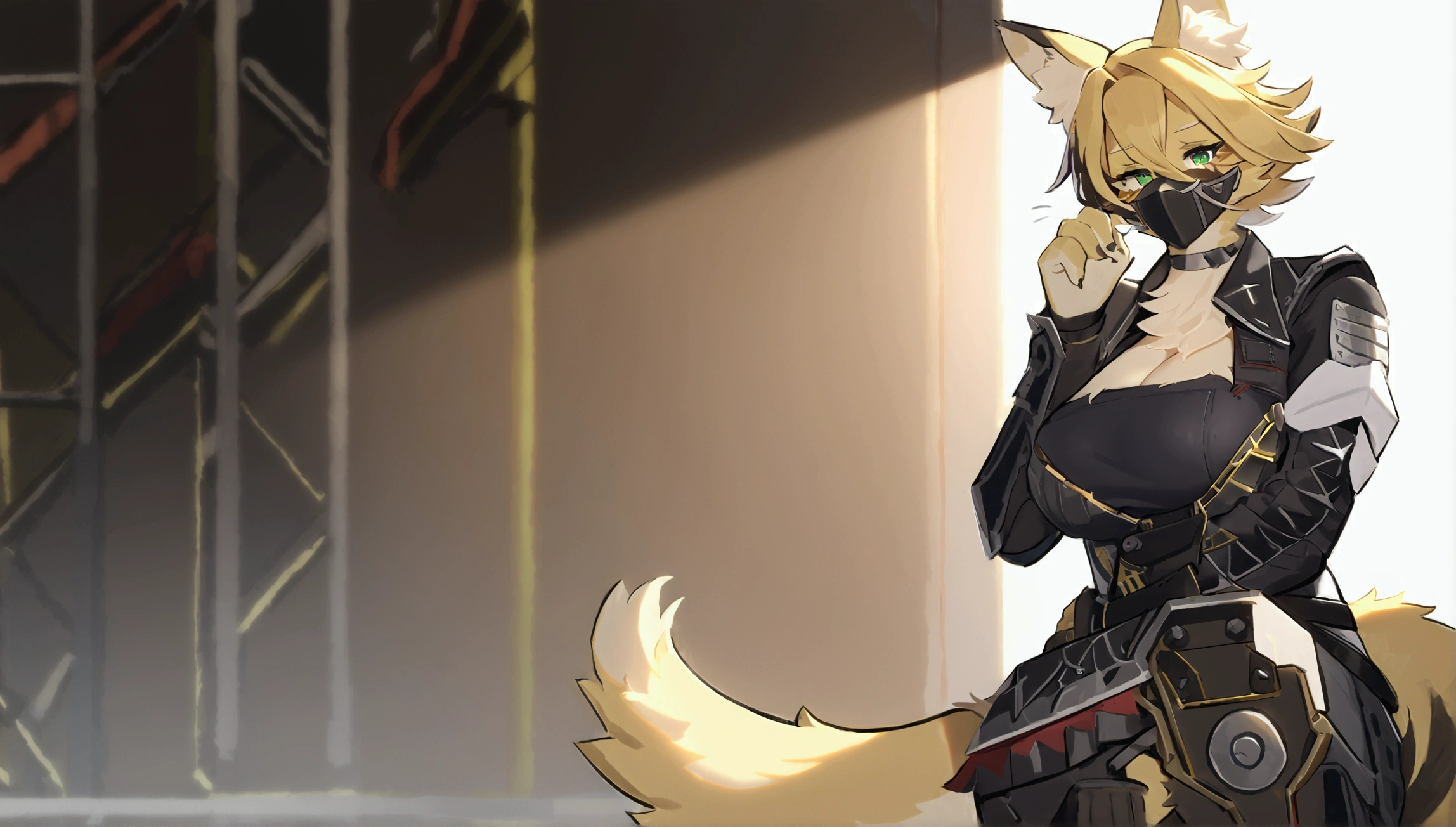 (top quality, best quality, High-quality illustrations, masterpiece, perfect artwork, cinematic light and shading, 16k, 1080p, uploaded on e621)(kemono, furry, anthro, alone), 1 larger female, (very detailed body, face, tail, arms, hands, legs, head and eyes), Assasin’s Creed, cat, Pulchra, (Zenless Zone Zero), big breasts, yellow fur, fluffy, striped fur, striped body, cat ears, cat fluffy tail, cat cute hair, perfect eyes, green eyes, black pupils, wearing a mask, beautiful Assasin outfit, beautiful Assasin armor, body movement, body twitching, jiggle physics,