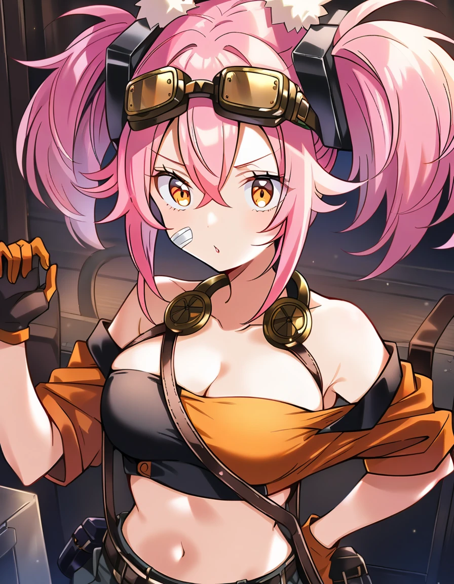 Top Quality Masterpiece High Resolution Tribe Brigate Kit, Pink Hair, Orange Eyes, Orange Tops, Cropped Tops, Work Clothes, Large Cleavage, Twin Tail Bags, Wrench Work Clothes, Bontans, Goggles, Bare Shoulders