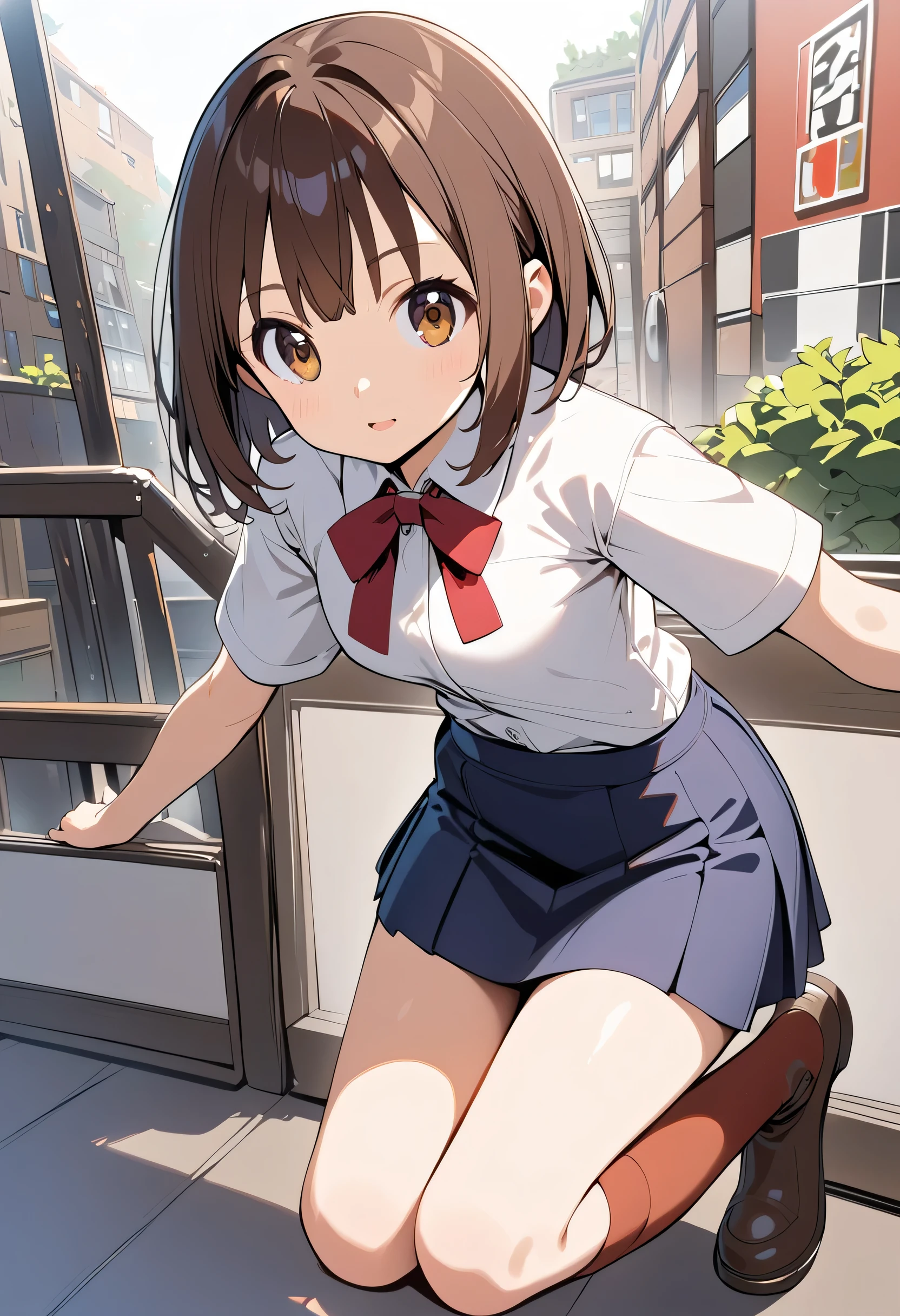 Girl in a bob miniskirt with brown hair。 knee socks、 boots