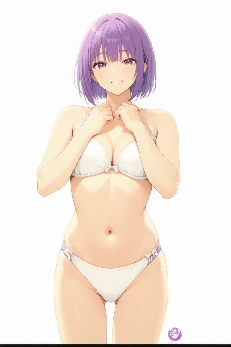 A beautiful smiling female with purple bob short hair posing