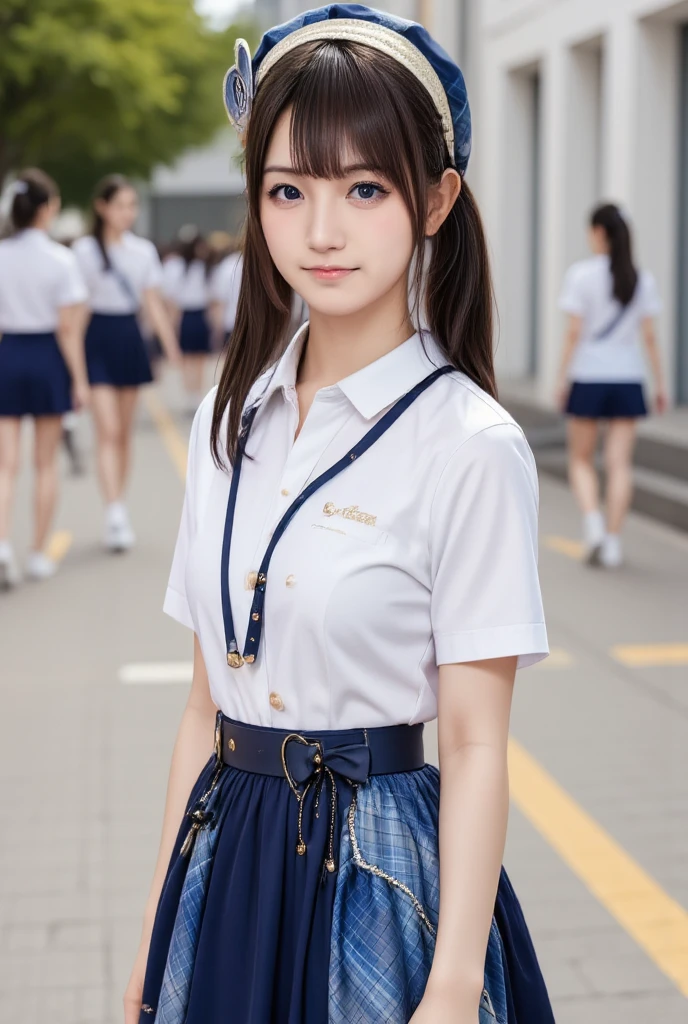 Thai girl, white shirt, bowtie, Thai pleated skirt, Thai primary school uniform