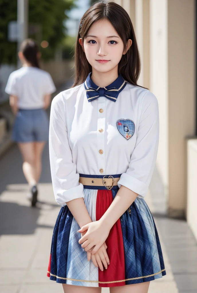 Thai girl, white shirt, bowtie, Thai pleated skirt, Thai primary school uniform