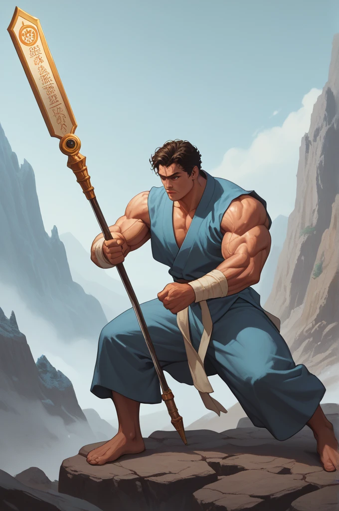 A powerful and muscular cultivator who has mastered the Dao of the Physical. His body is a testament to years of intense training, with chiseled muscles that seem to glow with an inner energy. His skin has a radiant, golden hue, reflecting the vitality of his cultivation. His eyes burn with a fierce intensity, and his expression is one of unwavering determination. He wears minimal, practical martial arts attire, such as a sleeveless tunic that reveals his well-defined muscles, and a belt adorned with talismans that amplify his physical power. In his hands, he holds a massive weapon, like a heavy staff or a giant sword, carved with ancient symbols that represent his physical prowess. The background is a rugged mountain landscape, where rocks are cracked and the earth trembles beneath his feet, as if responding to his immense strength. His aura is one of dominance and raw power, the very embodiment of physical cultivation, radiating an energy that can shatter mountains