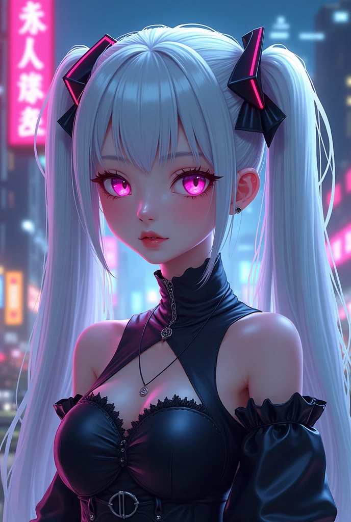 detailed textures, high quality, high resolution, high precision, realism, color correction, correct lighting settings, harmonious composition. Stunning anime girl with an intricate tattoo on her neck., radiating elegance and beauty.,in the style of neon realism, indigo and light black, Gothic modern, anime cat character design, dark white and indigo, bold but elegant, cyberpunk manga, in neon city, with neon lights,cat girl, detailed costumes --AR 3:4