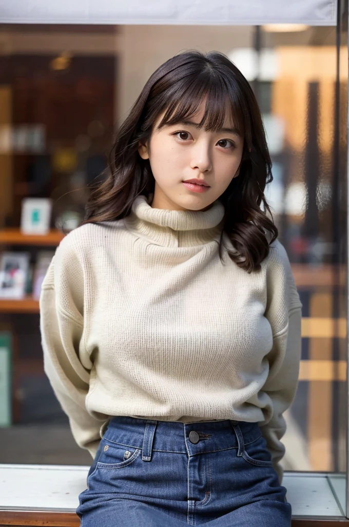 (masterpiece, best quality, perfect anatomy, highres, 8k, realistic, photorealistic, natural skin texture, no makeup:1.2), 1girl, solo, Japanese, age20, female university student, very cute, (large breasts:1.3), looking at viewer, tight turtle neck knit, denim mini skirt, winter, infront of shop-window in Tokyo, natural lighting, portrait, jp idol, nekogao