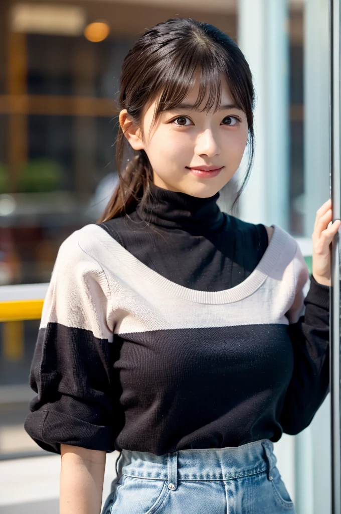 (masterpiece, best quality, perfect anatomy, highres, 8k, realistic, photorealistic, natural skin texture, no makeup:1.2), 1girl, solo, Japanese, age20, female university student, very cute, (large breasts:1.3), looking at viewer, tight turtle neck knit, denim mini skirt, winter, infront of shop-window in Tokyo, natural lighting, portrait, jp idol, nekogao