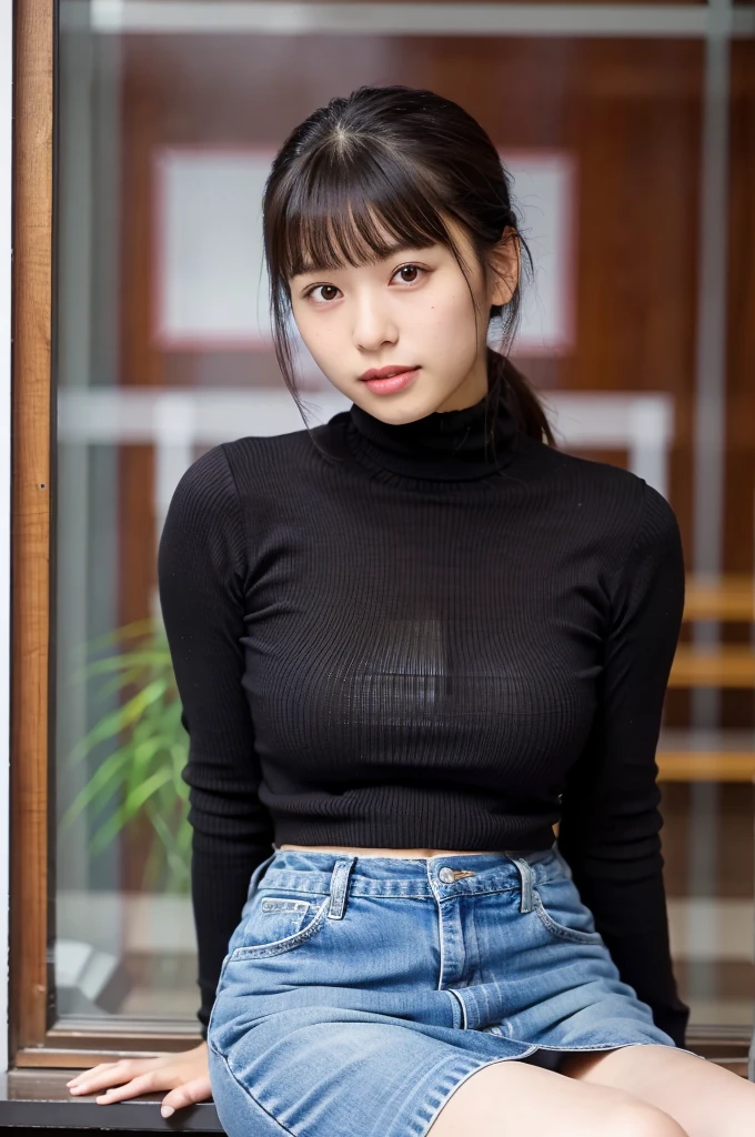 (masterpiece, best quality, perfect anatomy, highres, 8k, realistic, photorealistic, natural skin texture, no makeup:1.2), 1girl, solo, Japanese, age20, female university student, very cute, (large breasts:1.3), looking at viewer, tight turtle neck knit, denim mini skirt, winter, infront of shop-window in Tokyo, natural lighting, portrait, jp idol, nekogao