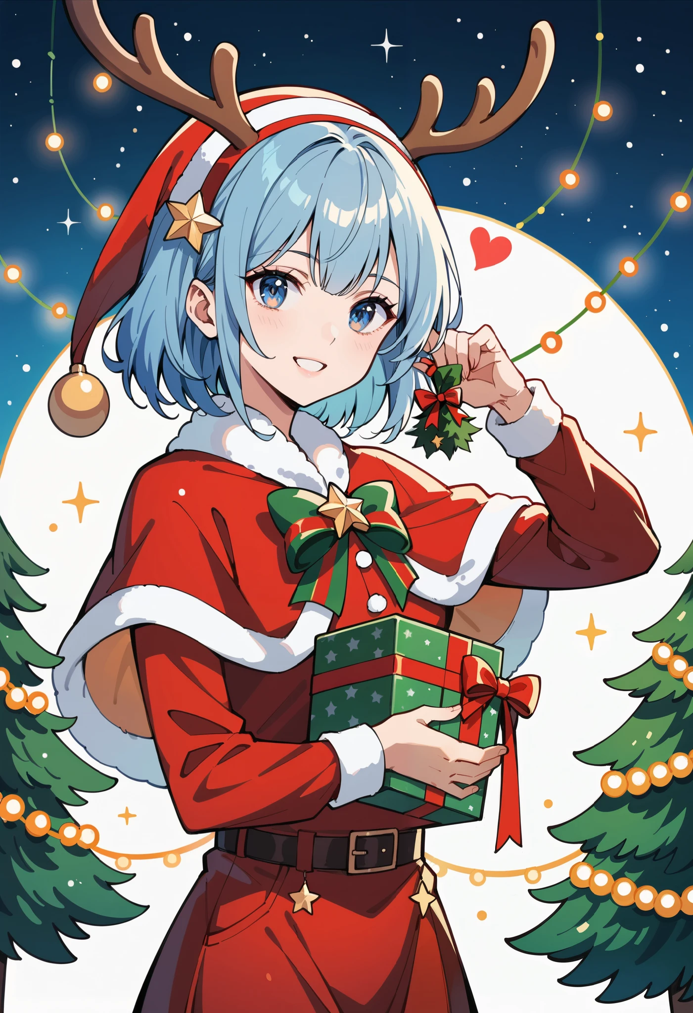 rating_safe, score_9, score_8_up, score_7_up, score_6_up, score_5_up, score_4_up, hires, heart-warming Christmas, featuring a cheerful Santa Claus in traditional costume in the center of the composition, a lavishly decorated Christmas tree with twinkling lights and a shining star at the top, Rudolph the red-nosed reindeer, wrapped presents, a detailed Christmas wreath with pine cones and ribbons,