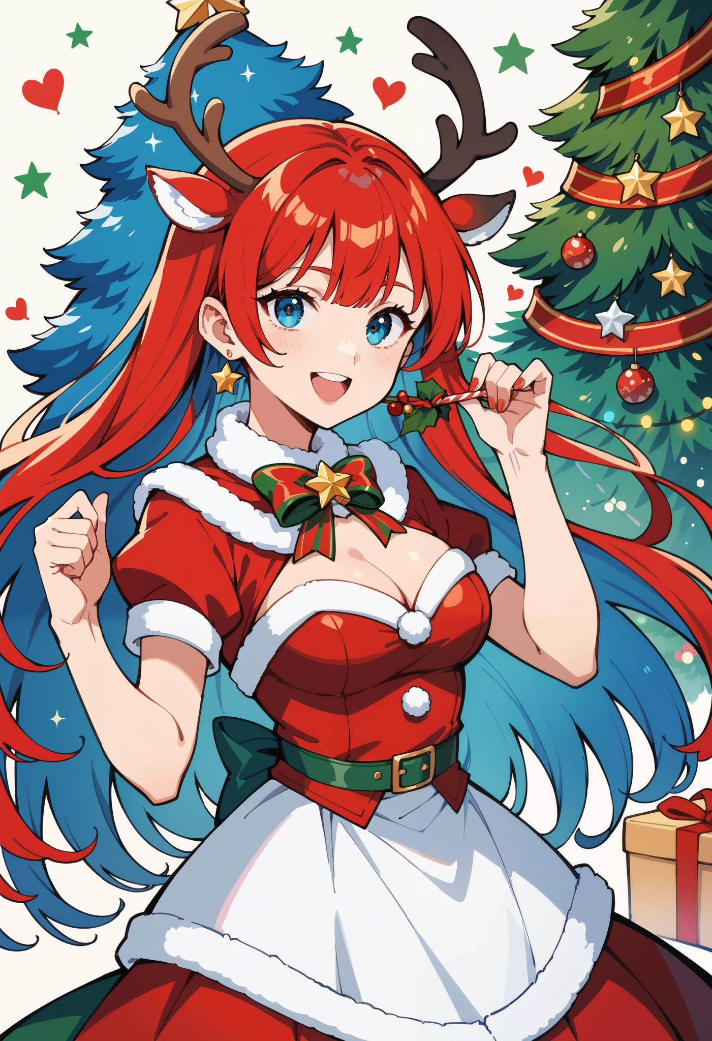 rating_safe, score_9, score_8_up, score_7_up, score_6_up, score_5_up, score_4_up, hires, heart-warming Christmas, featuring a cheerful Santa Claus in traditional costume in the center of the composition, a lavishly decorated Christmas tree with twinkling lights and a shining star at the top, Rudolph the red-nosed reindeer, wrapped presents, a detailed Christmas wreath with pine cones and ribbons,