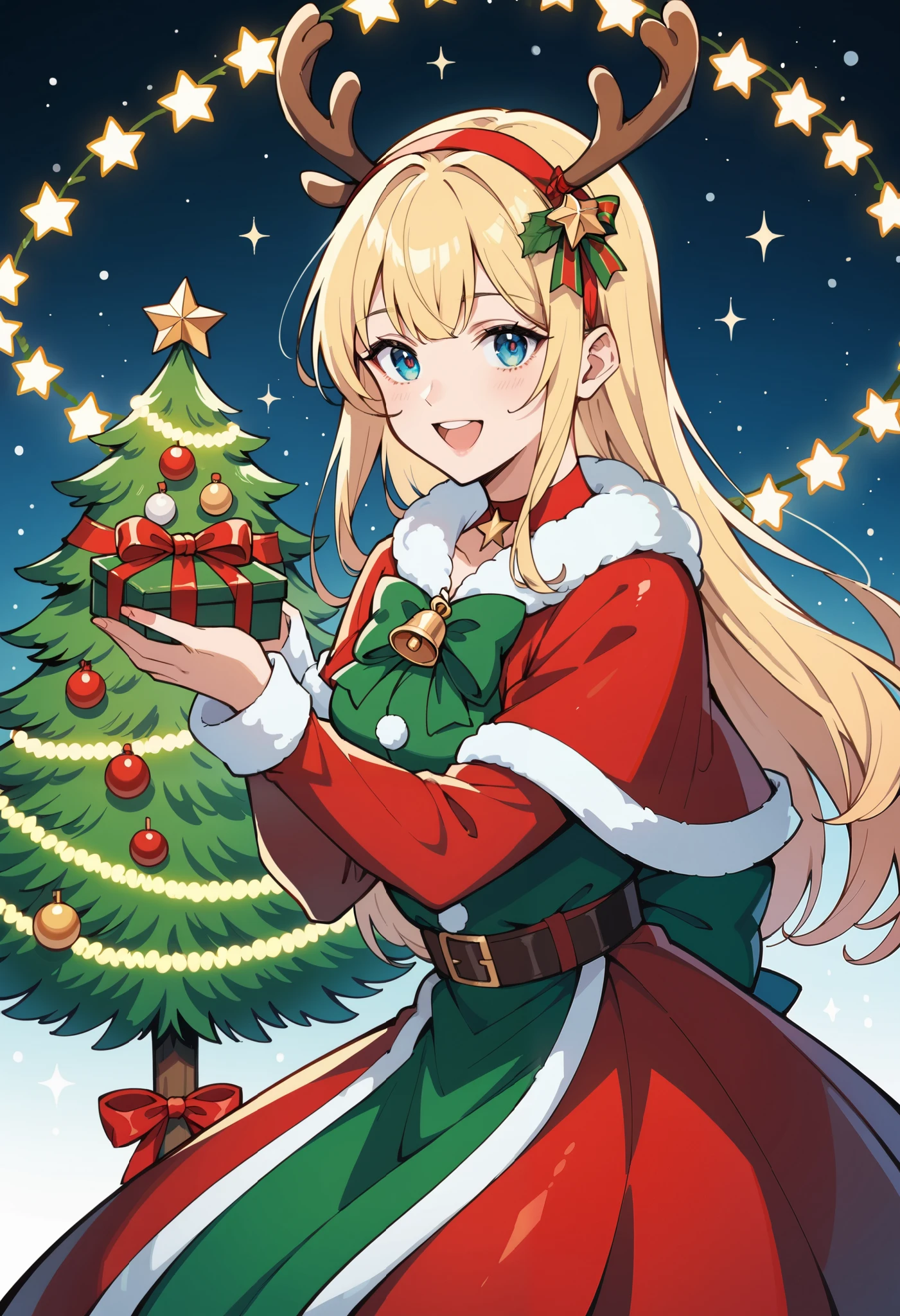 rating_safe, score_9, score_8_up, score_7_up, score_6_up, score_5_up, score_4_up, hires, heart-warming Christmas, featuring a cheerful Santa Claus in traditional costume in the center of the composition, a lavishly decorated Christmas tree with twinkling lights and a shining star at the top, Rudolph the red-nosed reindeer, wrapped presents, a detailed Christmas wreath with pine cones and ribbons,