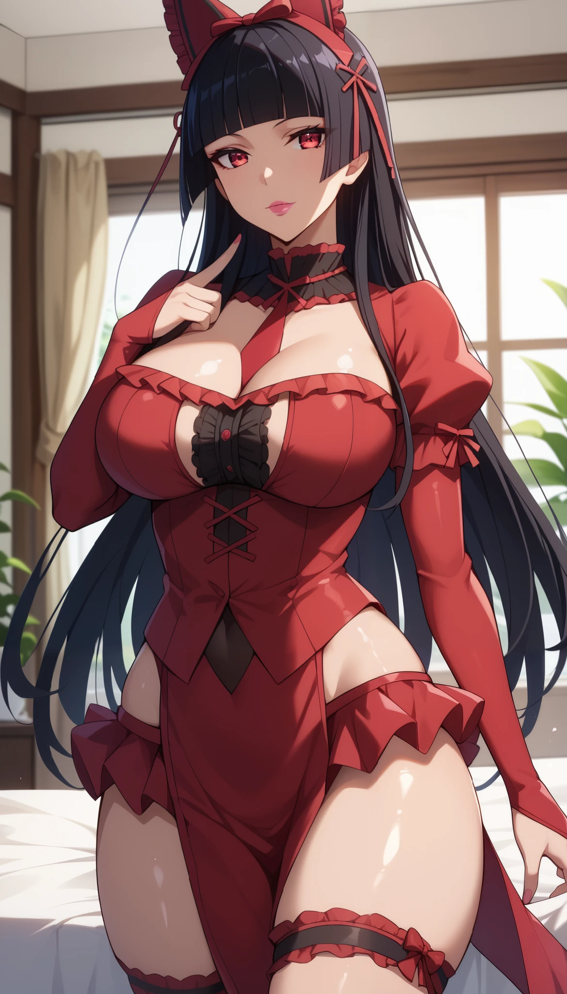  perfect eyes、 perfectly sexy face、 ultra detailed lingerie top、ultra perfect eyes、Rory Mercury、Gate Jieitai Kanochi Nite、 long hair,  black hair,  Red Eyes, fringe, blunt fringe, hime cut,  pink lips , little woman、 shiny hair 、( Big breasts ), showing cleavage、 tight waist 、 fine winding、 Thigh straps 、 shiny skin、Beleza、erotic、 Looking at the viewer 、