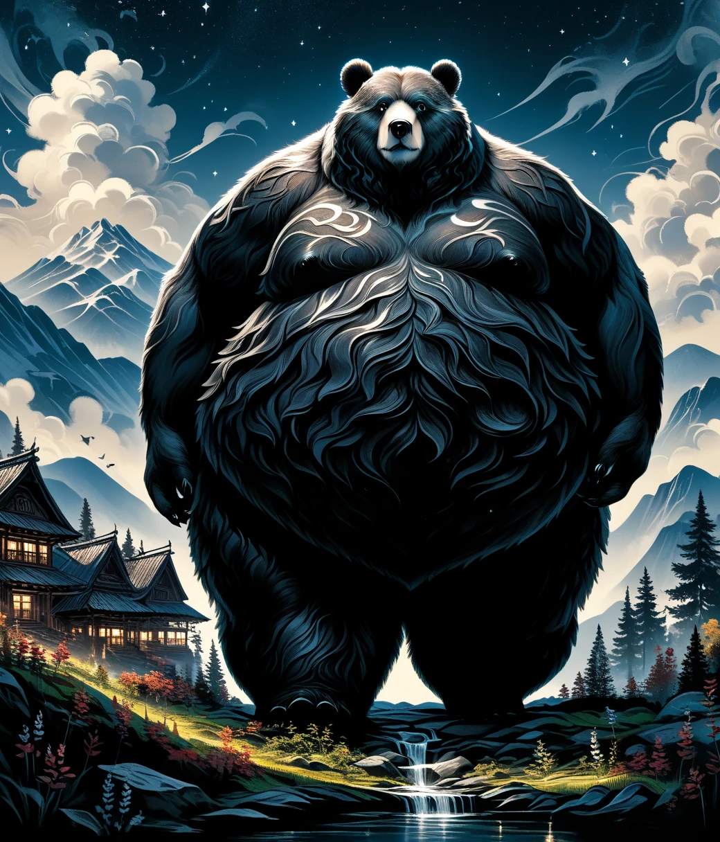 (cute, fat, obese, anthro, male, bear), DonMN0c7urn4l1nkXL ink, fullbody, standing, mountain, village estate, hires textures, highly detailed, intricate details, best quality, masterpiece