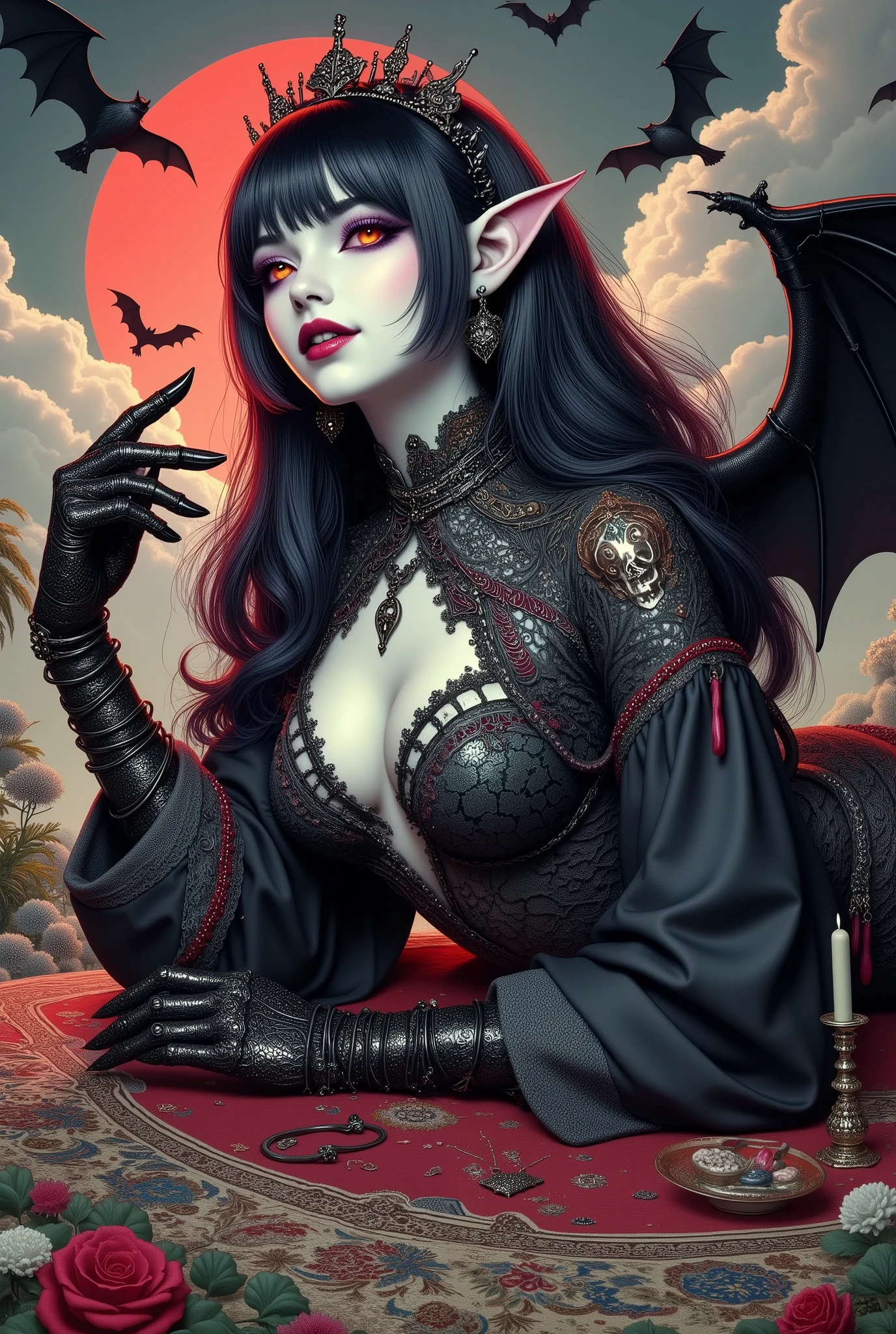 (Ultra-detailed face, Looking away, Fantasy Illustration with Gothic. Dark tone colors.), BREAK 
(Great hall of Dracula's castle in Transylvania with the red moon rising. Bats flit about. A young succubus lies in a daring pose on an opulent carpet on the floor of the hall. Her glossy hair is combed with her fingertips, and she smiles sexily.), BREAK 
(The succubus of the army of the abyss has jet black hair and eyebrows, blunt bangs, messy hair to the ground, red glowing eyes with yellow stars, small pink lips, pale skin, and dark, thick eyeliner.), BREAK 
(The Succubus of the Army of the Abyss wears a tiara with a skull motif and a black leather chukar. She wears a high-leg bodysuit of lace fabric made of raven feathers and embroidered with red thread, and stocking boots with braided red laces. On her back she has a pair of large bat-like wings.)