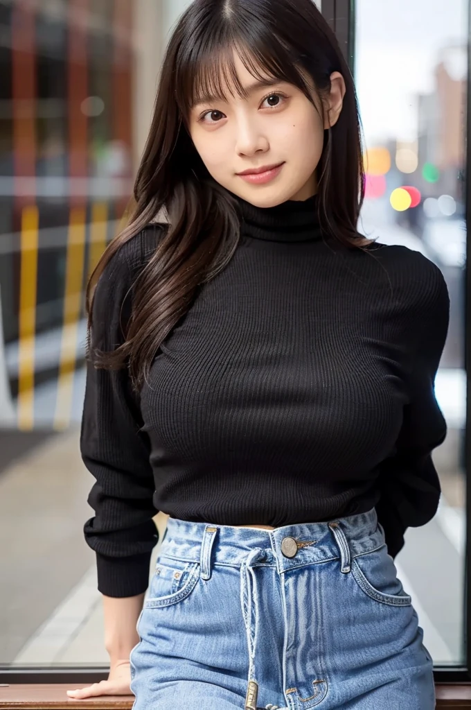 (masterpiece, best quality, perfect anatomy, highres, 8k, realistic, photorealistic, natural skin texture, no makeup:1.2), 1girl, solo, Japanese, age20, female university student, very cute, (large breasts:1.3), looking at viewer, tight turtle neck knit, denim mini skirt, winter, infront of shop-window in Tokyo, natural lighting, portrait, jp idol, inugao