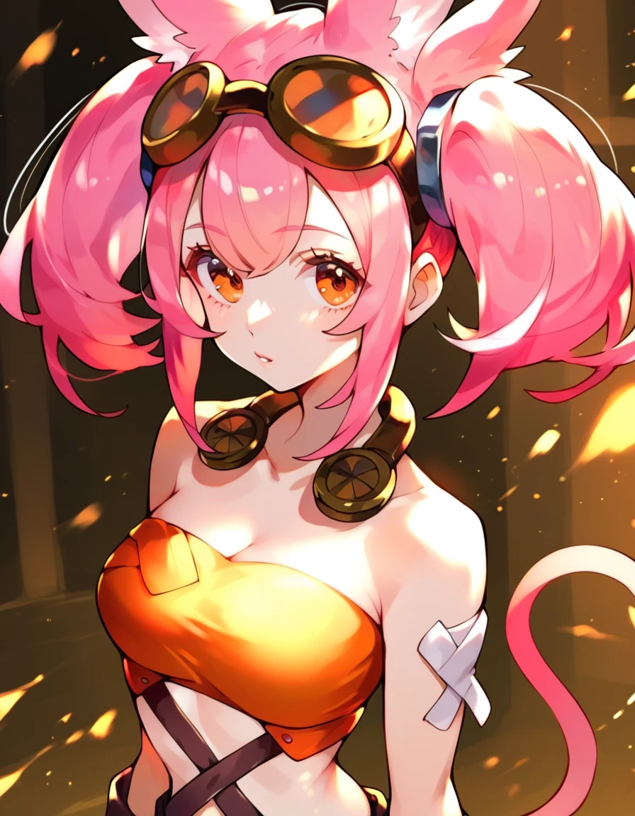 Top Quality Masterpiece High Resolution Tribe Brigate Kit, Pink Hair, Orange Eyes, Orange Tops, Cropped Tops, Work Clothes, Large Cleavage, Twin Tails, Bags, Wrenches, Work Clothes, Bontans, Goggles, Bare Shoulders, Cowboy Shots