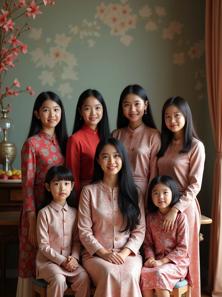 Indonesian family photo, Two women aged 35 and 30 years, chubby, hair in a bun, one short, one rather tall, one 6 year old girl, sitting in the middle, compactly wearing a golden gray kebaya, black shoes, sitting pose sofa, luxury living room background, studio photo, blue lighting, best photography, ultra HD, 8k, sharp, detailed.