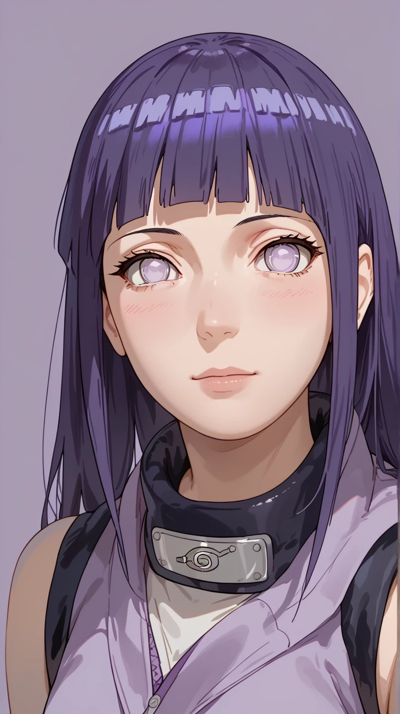 1girl, closeup, Hinata\(Boruto\), Long Hair, straight hair, bangs, Purple Hair, Blind Eyes, Big boobs, Purple clothes, anime style, Looking at viewer, Simple background, 