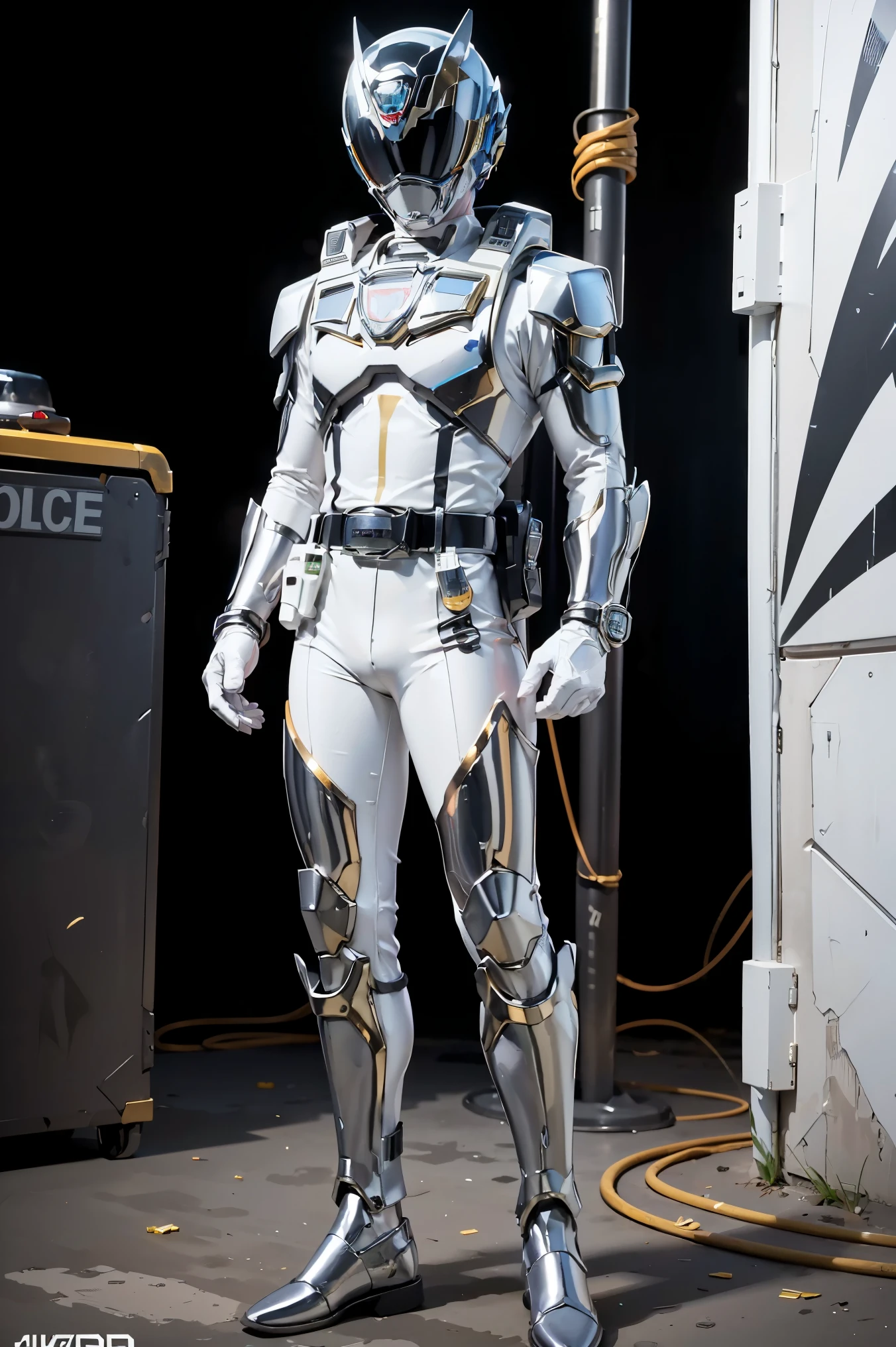 1boy, full body, Illustration, cinematic light, high resolution, best quality, ultra-detailed, masterpiece, power suit, powerranger, suit, spd, (Silver and Gold chest plate), white and gold detail, (((white suit))), ((police theme:1.2)), jetpack, ((high classy background))