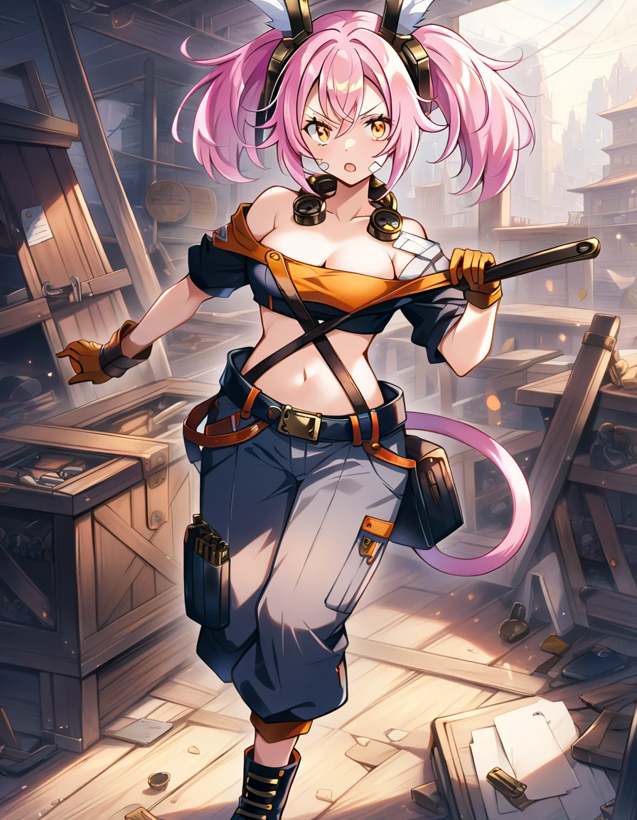 Top Quality Masterpiece High Resolution Tribe Brigate Kit, Pink Hair, Orange Eyes, Orange Cropped Tops, Work Clothes, Large Cleavage, Twin Tail Bags, Wrench Work Clothes, Bontans, Goggles, Bare Shoulder Boots