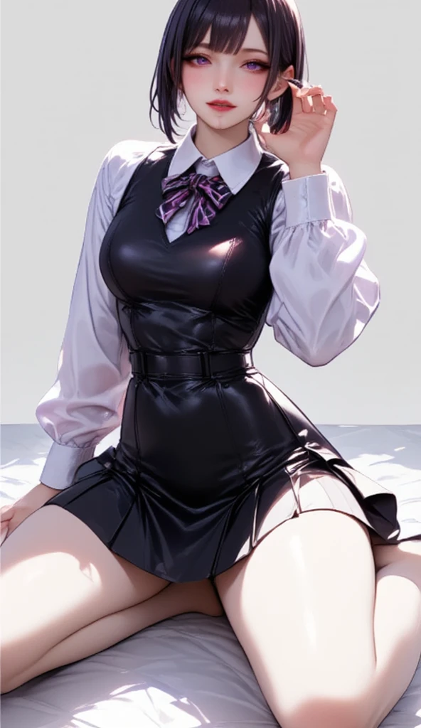  1 mature beautiful woman ,(masterpiece:1.3, top quality :1.3, very detailed depiction:1.3, incredible high resolution:1.3,High quality anime drawings),( office lady with straight black hair,An excellent female secretary,Villainess,Glasses),( business suit, tight skirt , formal shirt to accumulate strength, black tights, Luxurious Accessory , high heels),(Purple Eyes,Crazy Eyes, half-closed eyes:1.5, big breasts, wicked smile, glossy red lips , is opening her mouth,Seductive gestures,Beautiful legs, healthy legs,Curvaceous Body,High quality skin),Full body images:2.0,