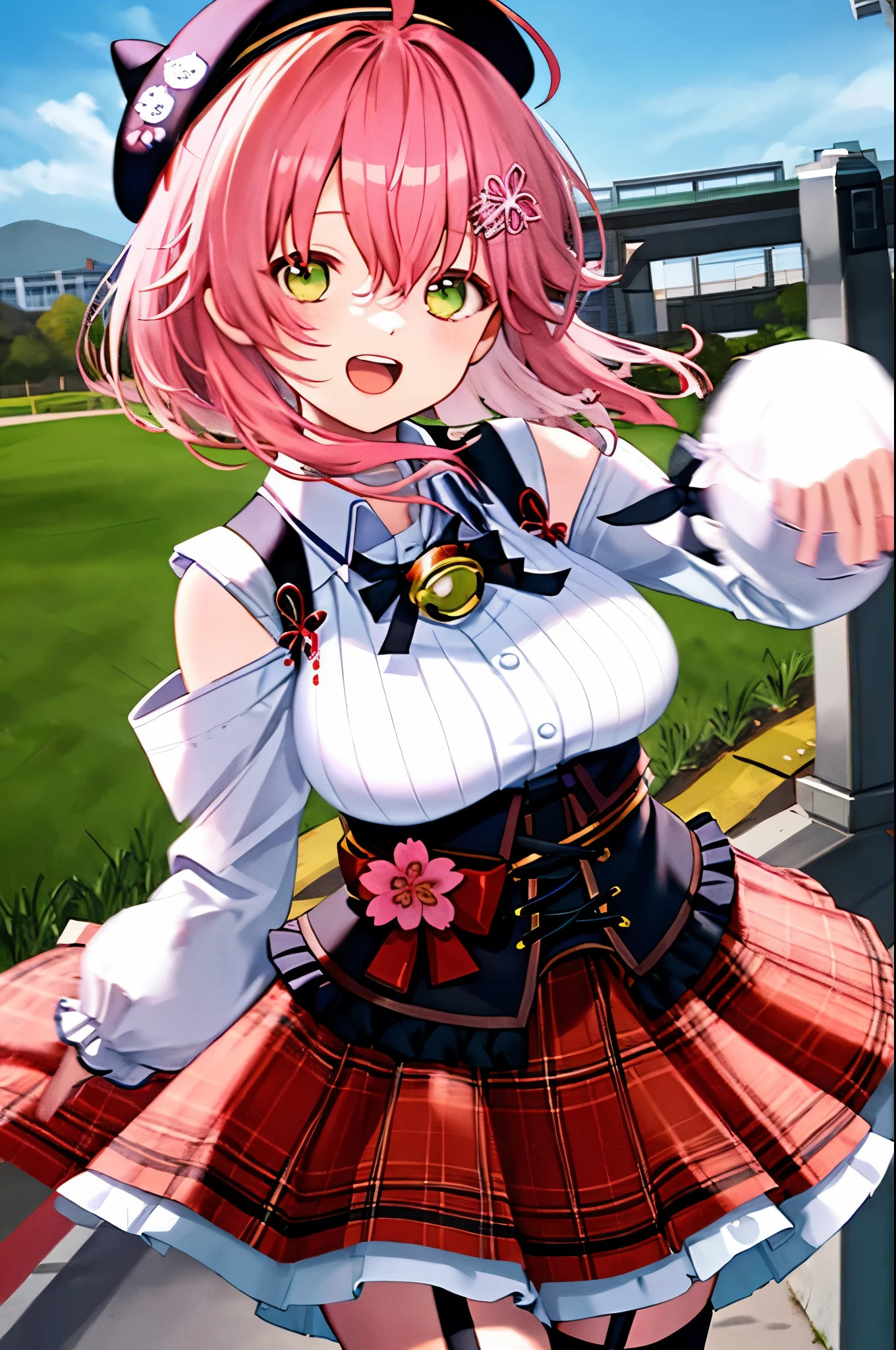 masutepiece, Best_Quality, hight_resolution, miko2,Ponytail, 1girl, Ahoge, black headwear, Hair Ornament, White shirt, black thighhighs, Pink hair, Red_skirt, very_short_skirt, plaid skirts, garter_strap, Collared shirt, hair clips, frilld, Bangs, hair between eye, frills skirt, beret, Pleated skirt, Hair Flower, Neck bell, , puffy long sleeves, Black bow, Underbust, Smile, (large_breasts:1.3),covered_nipples, green_eyes, happy, dynamic_angle,spread_legs,(big_smile:1.2),plump,open_mouth,shout,half_eyes,cherryblossom_park_landscape_background,