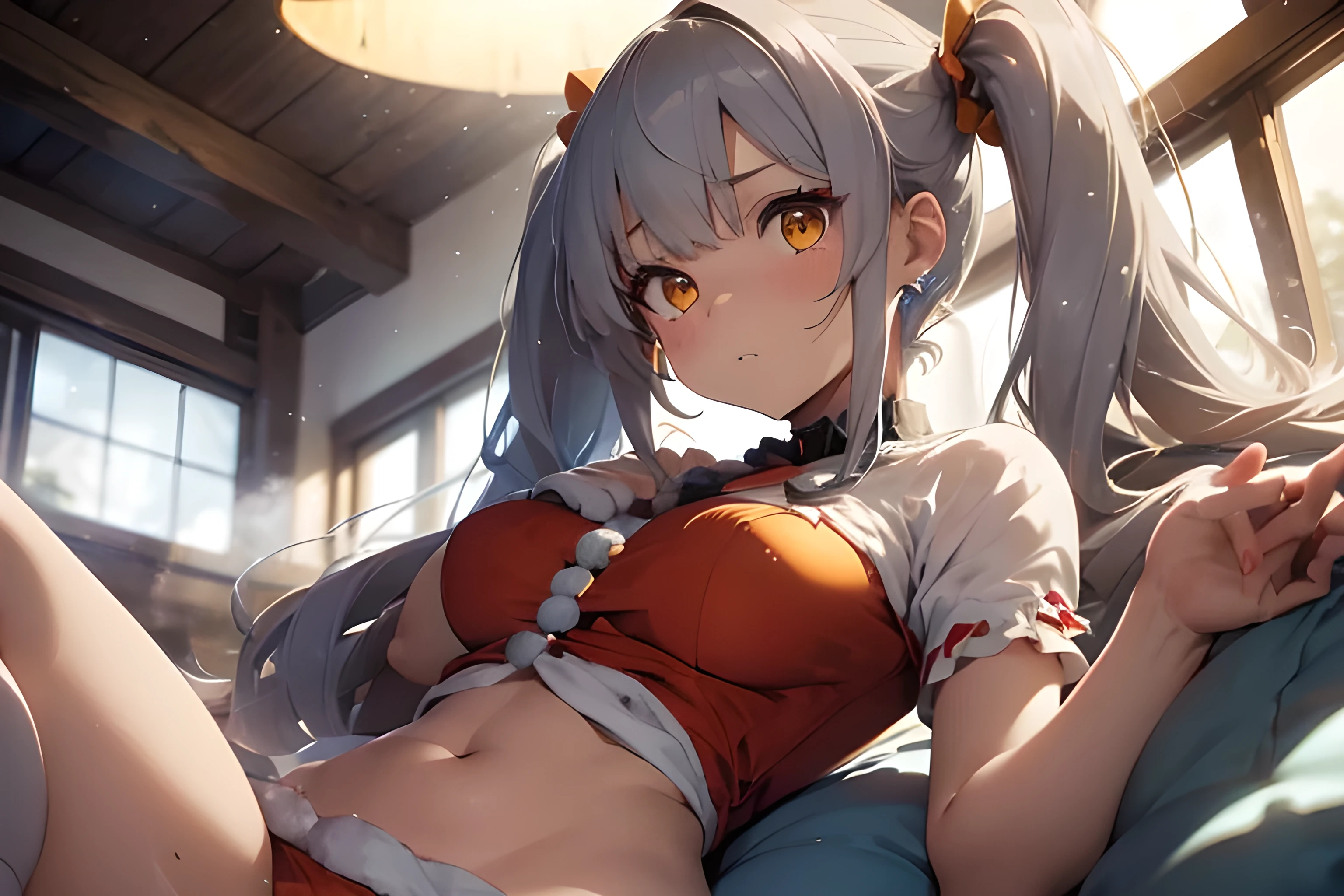 (((highest quality、first-class、masterpiece、Normal body、8k、Detailed face、Ultra-precision、Normal hand、Normal finger、5Finger、Highest)))、beautiful girl、Silver-white hair、Small breasts、Shortcuts、Wrapping ribbon、Red ribbon、Wrapping ribbons around a nude body、Ribbon Bra、Ribbon Pants、Put your hands behind your back、プレゼントは私♥️、Blindfolded with ribbon、joy、Embarrassed、SFW