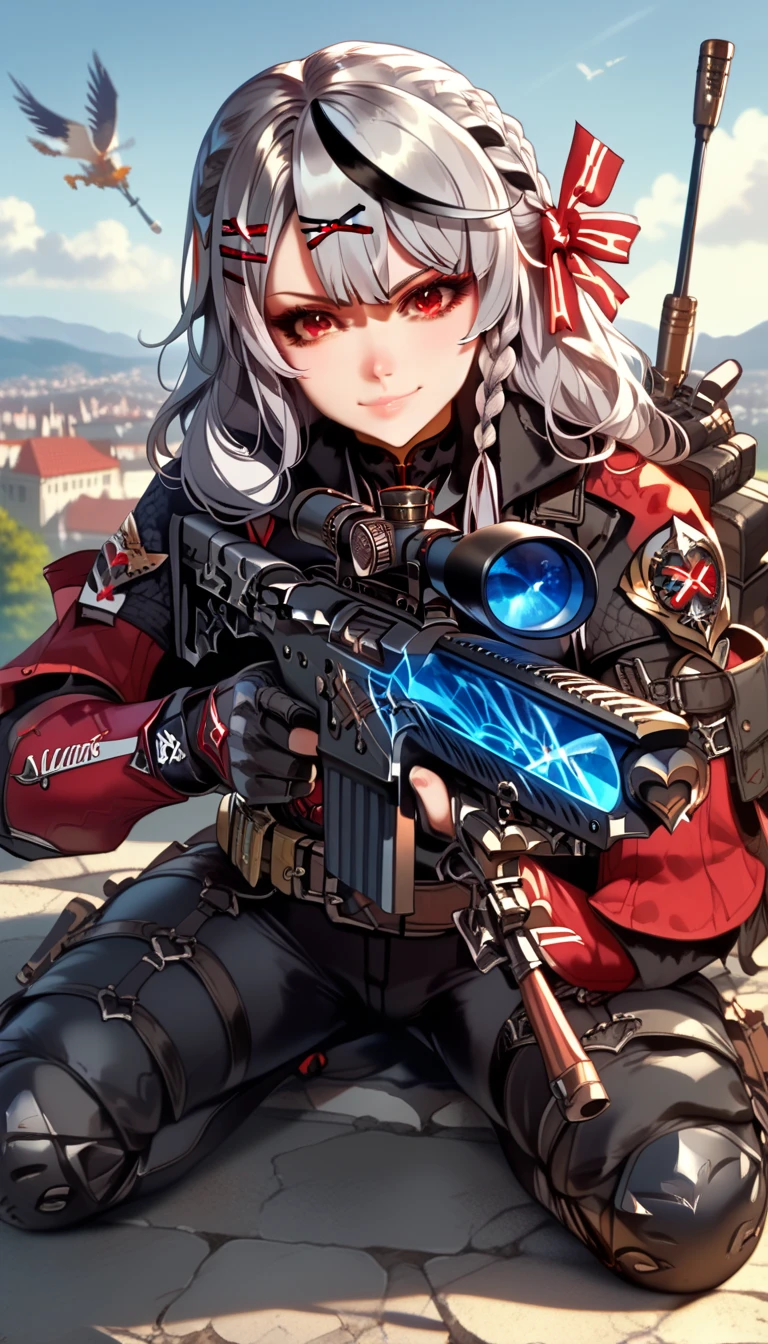 ultra-detailed, 1girl, solo, sakamata chloe, chloeA, (masterpiece)), (best quality), (highres), 16K, long hair, streaked hair, grey hair, single braid, hairclip, x hair ornament, red eyes, tactical clothes, tactical belt, black thong, knee pads, busty body, large breasts and a beautiful ass, showcasing cleavage, legs, hips, (holding Sniper Rifle), looking at viewer, detailed face, smile, detailed hair, detailed full body, rooftop background