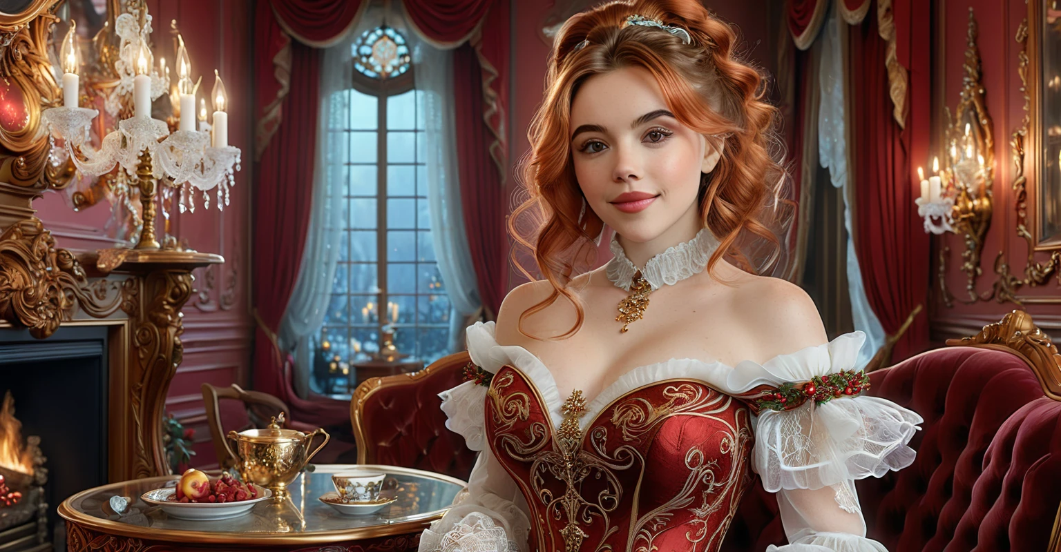 "A young, elegant woman envisioned as a youthful and cheerful Mrs. Claus, blending the features of Sabrina Carpenter, Scarlett Johansson, and Chloe Bennet. She has vibrant auburn hair styled beautifully and exudes joy, elegance, and festive warmth. The setting is a luxurious Rococo-inspired room with intricate details, featuring a roaring fireplace that creates a cozy, cheerful atmosphere. The artwork is a highly detailed, award-winning digital painting, blending elements of realistic fantasy art, polished 2D vector illustration, and concept art, inspired by the styles of WLOP and Artgerm. The overall composition emphasizes sharp focus, intricate textures, and a polished, elegant aesthetic."