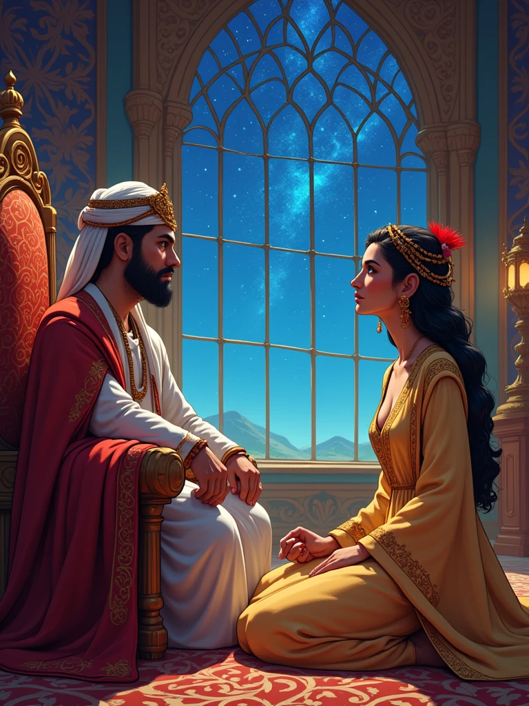 Draw a vivid scene depicting a king in traditional Middle Eastern dress, sitting on an ornate throne, wearing a turban decorated with feathers. The man listens to the woman in amazement. An elegantly dressed woman in Middle Eastern dress, wearing a small fez with a tulle on the end, sits cross-legged in front of him, looking up with a hopeful expression. She seems to be telling him a story.  In the background, in a palace room, there is an elaborate window through which a starry night sky is visible, adding a magical atmosphere. Highlight the rich colours of their clothes and surroundings.