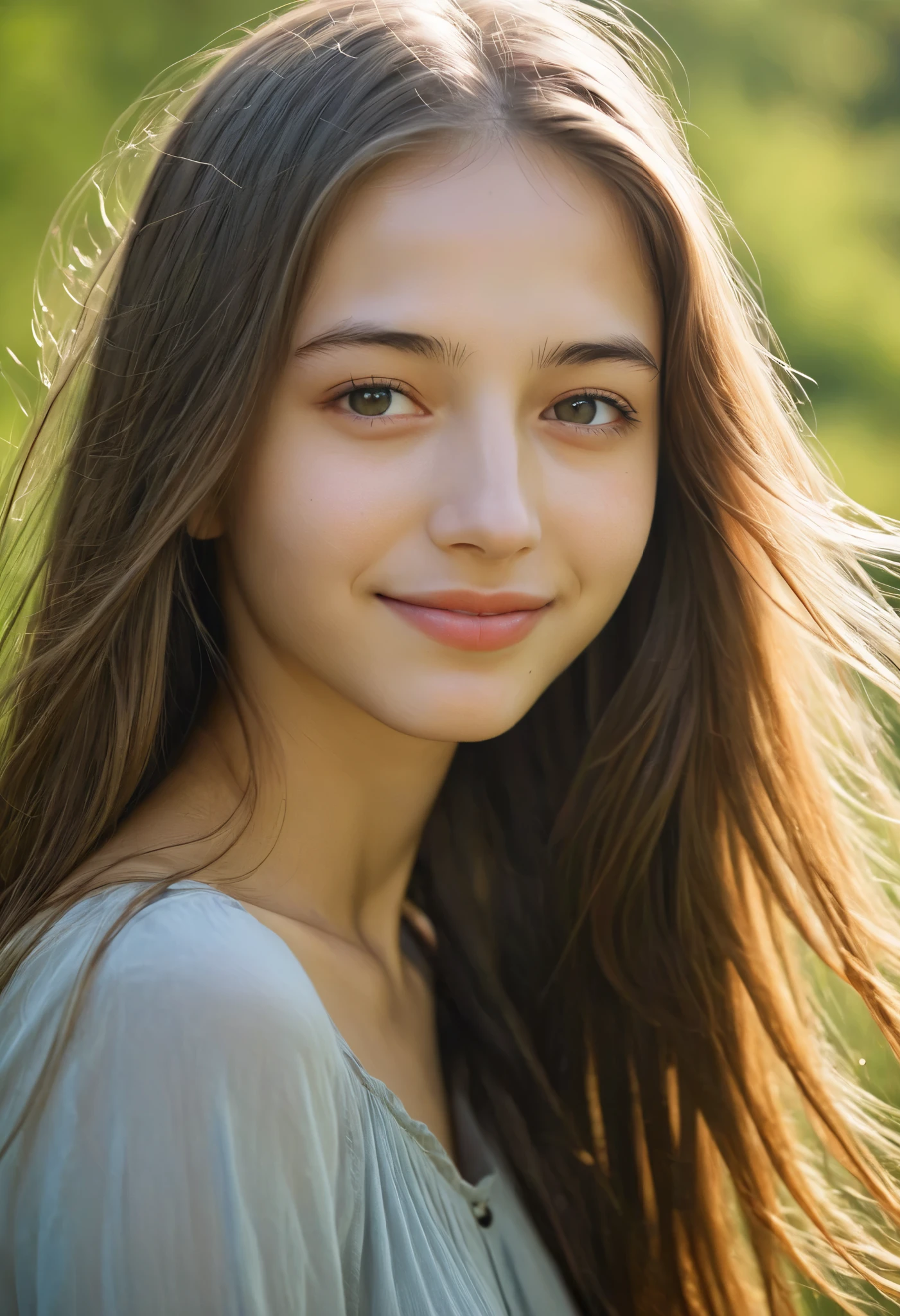 a beautiful young woman with long flowing hair standing alone in a serene outdoor setting, smiling softly with a closed mouth expression and an upward gaze, floating hair against a Dutch angle perspective, detailed and realistic portrait of a girl in a natural environment, best quality, ultra detailed, masterpiece