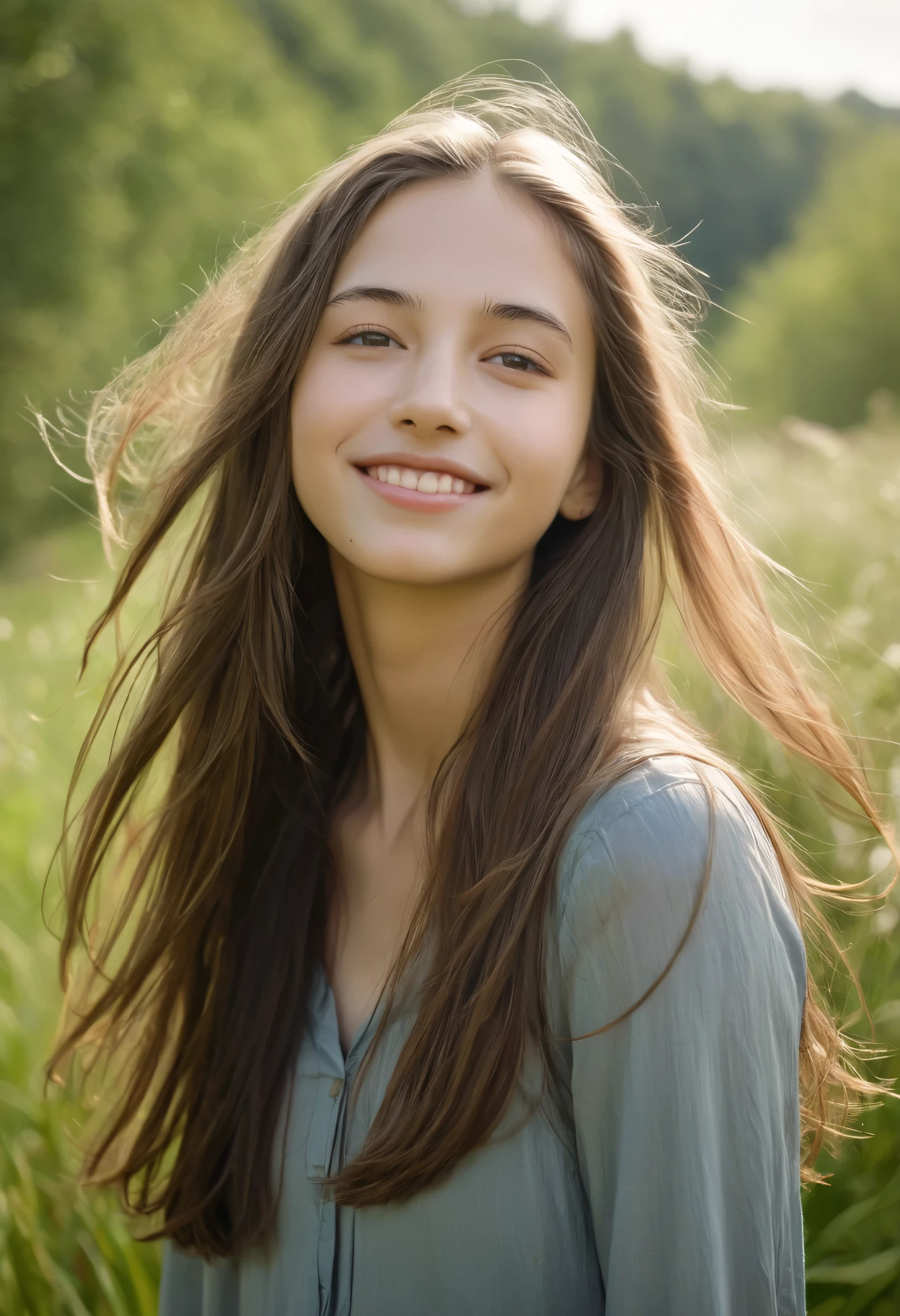 a beautiful young woman with long flowing hair standing alone in a serene outdoor setting, smiling softly with a closed mouth expression and an upward gaze, floating hair against a Dutch angle perspective, detailed and realistic portrait of a girl in a natural environment, best quality, ultra detailed, masterpiece