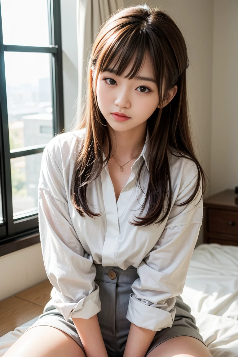 (Best quality,realistic photo,extremely detailed,high-resolution,beautiful detailed face and eyes and skin),Limited edition palette,1 17yo cute slim girl,long himecut hair,blunt bangs,uniform,in my room,sitting on the bed,embarrassed expression,petting me