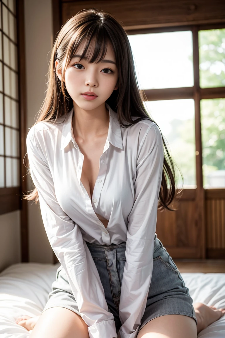 8K quality、High definition、Particles of light(0.5)、High definitionの瞳、slender、Soft Breasts、Red lipstick、Japanese high school girls、The hem of a rolled up skirt、Realistic female genitalia、Cleavage、classroom、Blonde、Healthy thighs、Long legs、Light Check Skirt、Light blue blouse、Unbuttoning the blouse、A blouse with a see-through bra、Small face、Put your feet on the desk