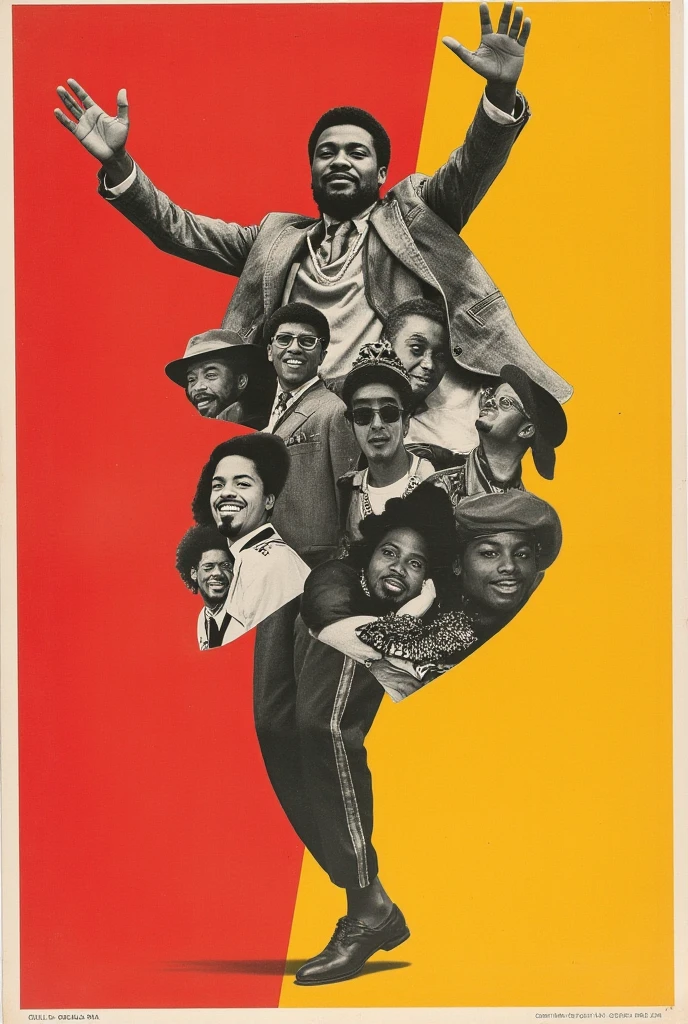  collage lots of black and white photos of a man doing dance tricks on a simple red and yellow background,Detailed photo of the album cover  , 70s posters ,  1900s poster , Afropsychedelia,  Funkadelic, 1 9 7 0 Crop Collage,  Cut out collage  , 