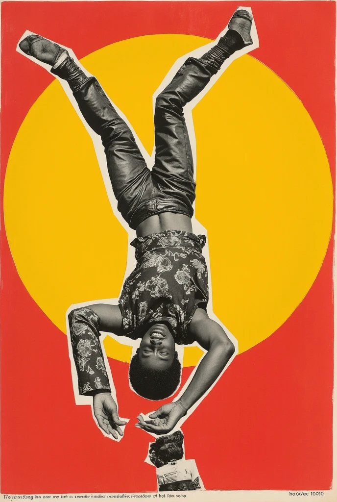  collage lots of black and white photos of a man doing dance tricks on a simple red and yellow background,Detailed photo of the album cover  , 70s posters ,  1900s poster , Afropsychedelia,  Funkadelic, 1 9 7 0 Crop Collage,  Cut out collage  , 