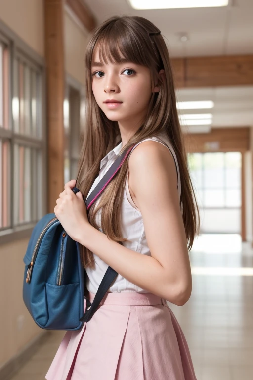 (( RAW image quality : 1.4))、 8k resolution、 Super-detailed CG 、 Create an ultra-realist schoolgirl character ,  Footage Draw a serious protagonist , ambitious ,  A little shy ,  And caring about his friends ,  with blond hair,,  bright blue eyes ,  For the standard form 、 I have a school bag ,  Located in the background of the school hallway and lockers , poster for,  And other students ,  A balanced color scheme with soft pastel and warm tones 、 An expression of lively youth ,  while avoiding inhuman structures and physically impossible movements,  Ensure quality and accuracy right down to down to the smallest detail .  full-length photos 